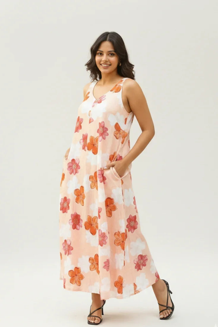 Woman wearing a floral dress on a white background