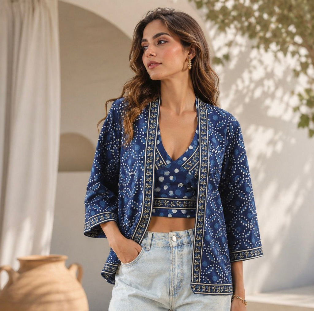 Indigo Cotton Printed Blouse and Kimono Set