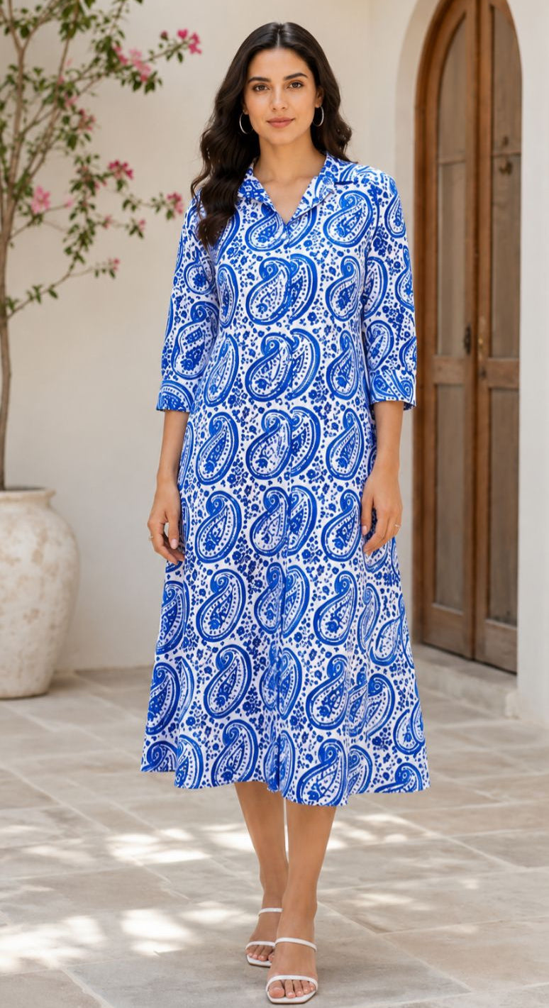 Azure Paisley Shirt Dress
