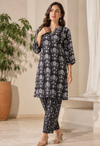 Midnight Bloom Block Printed Kurtha Set
