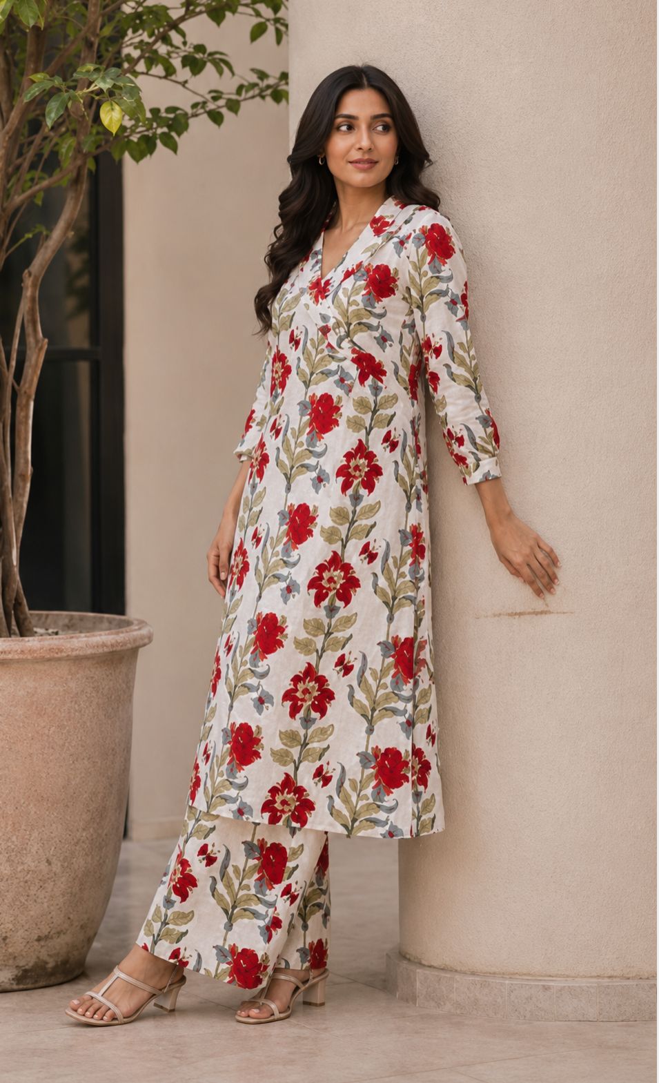 Shinyora red floral print cotton kurta set with V-neckline and matching pants worn by a woman leaning on a pillar
