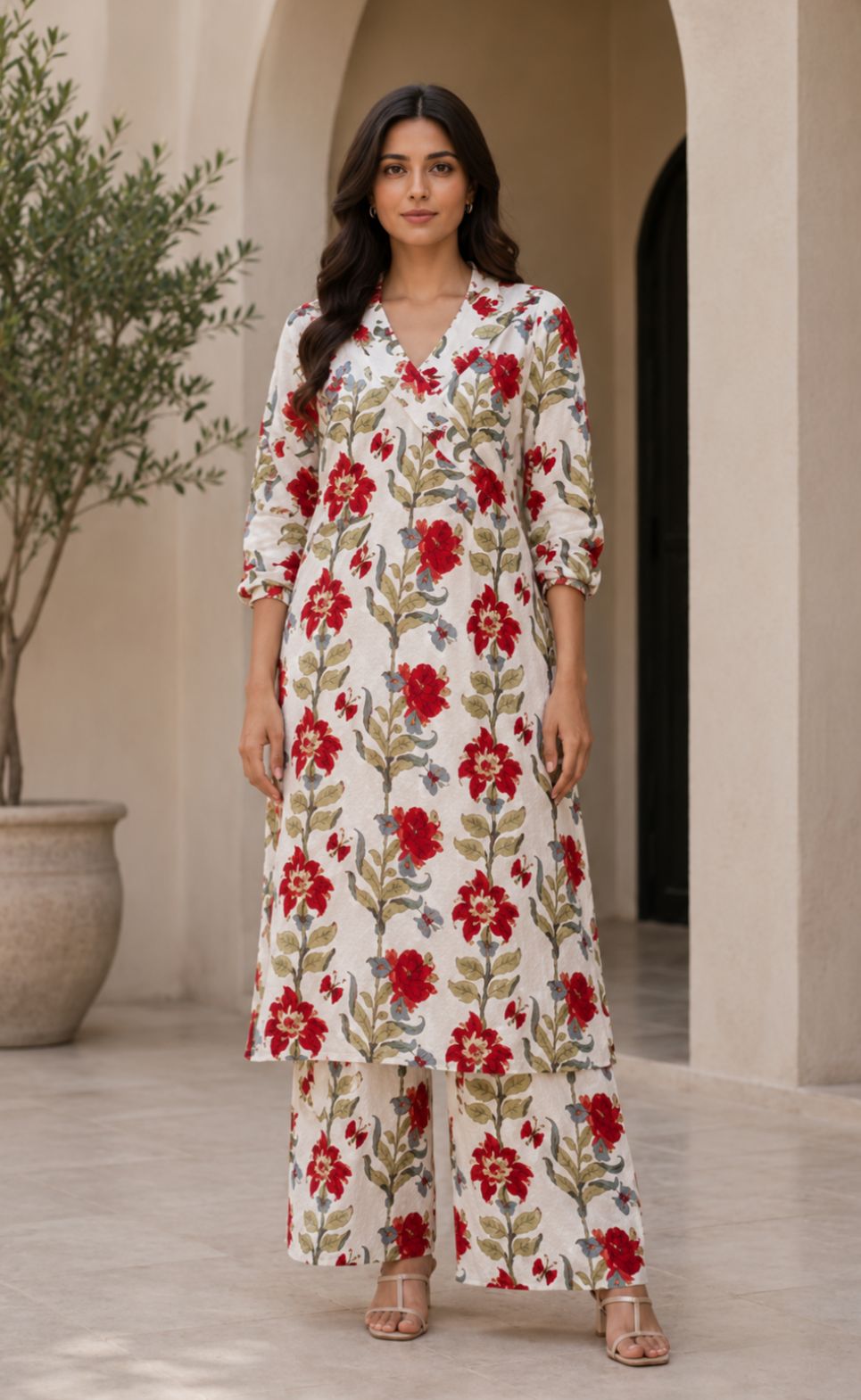 Shinyora red floral print cotton kurta set with V-neck and matching wide-leg pants worn by a woman in a neutral setting.