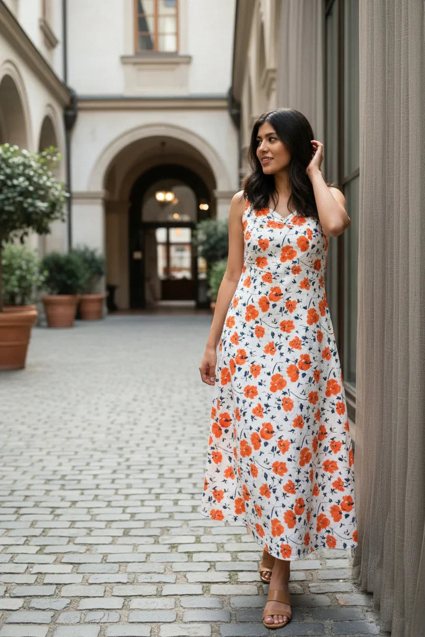 Woman in a floral dress standing in an outdoor setting with architectural elements.