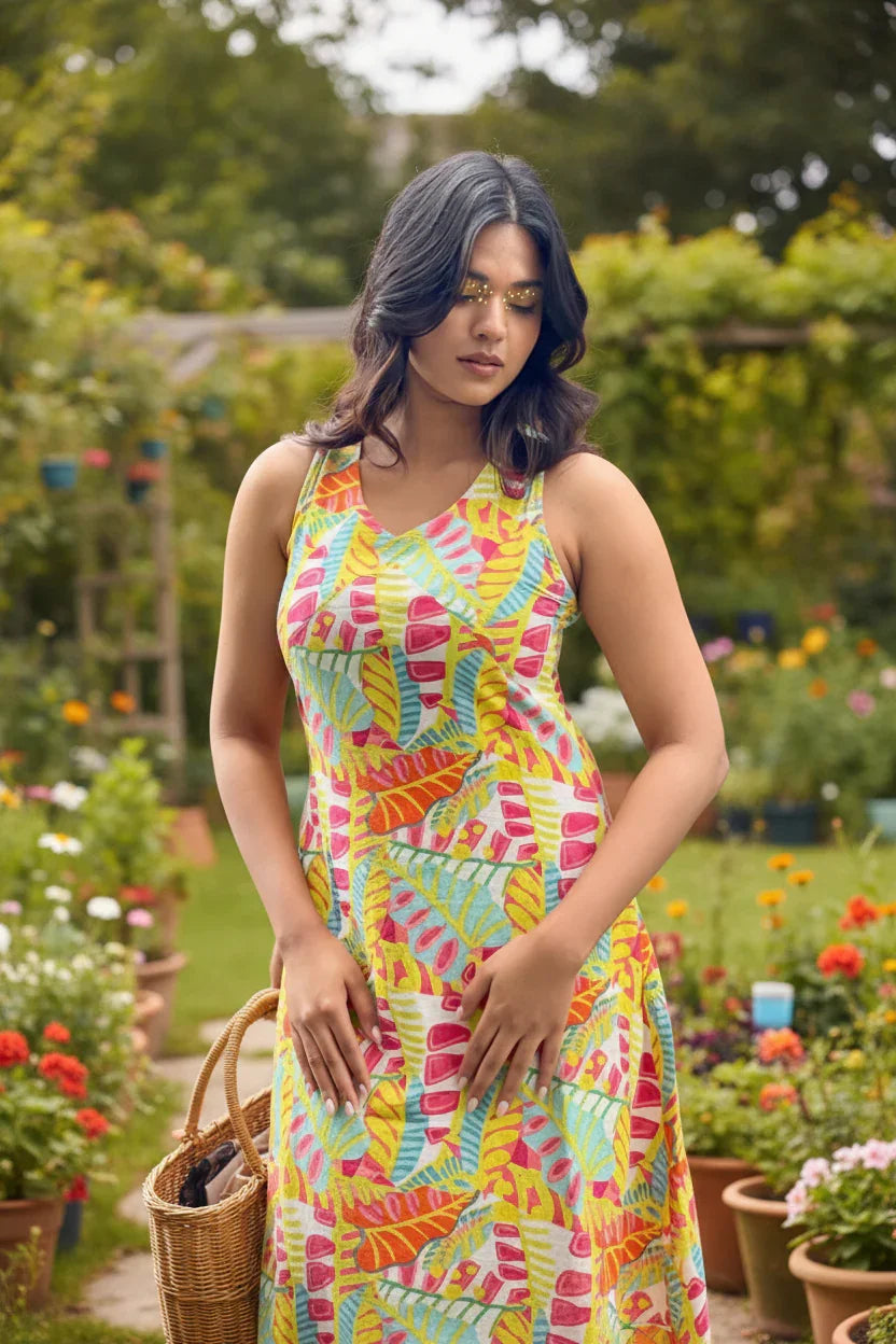 Woman in a colorful dress standing in a garden