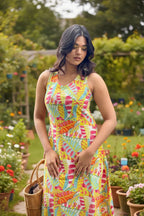 Woman in a colorful dress standing in a garden