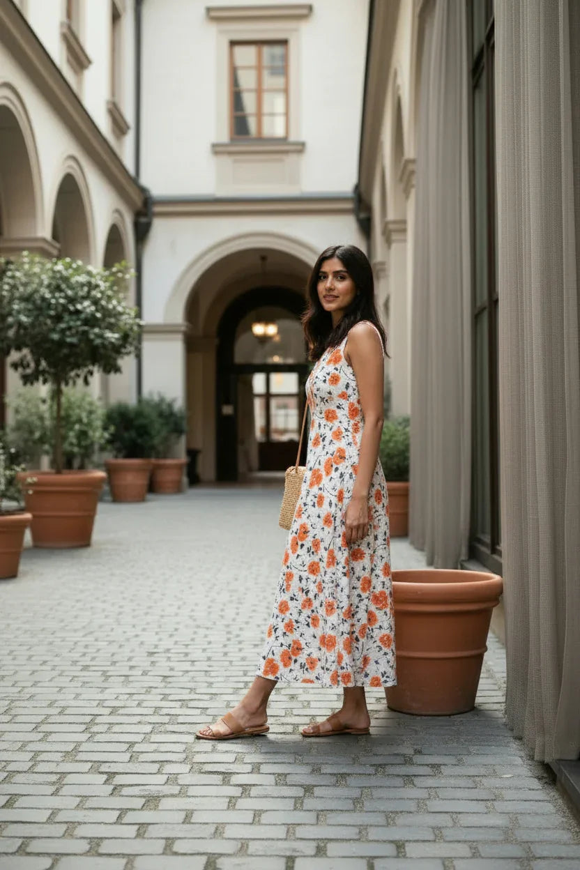Woman in a floral dress standing in an outdoor courtyard with potted plants and architectural elements.