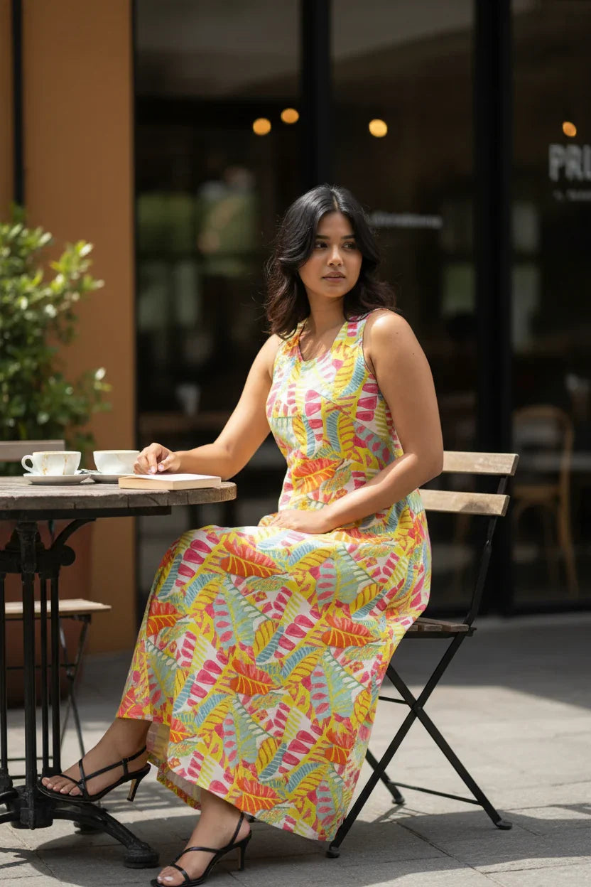 Woman in a colorful dress sitting at an outdoor cafe table.